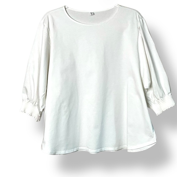 UNIQLO 100% Cotton 3/4 Sleeve Crew Neck Blouse Top Smocked Cuffs US Sz XL - Picture 1 of 7